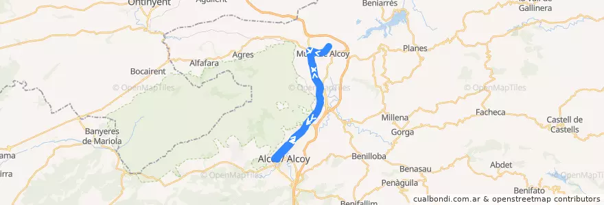 Mapa del recorrido (COM) Alcoi-Cocentaina-Muro d'Alcoi de la línea  en Alicante.