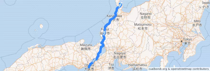 Mapa del recorrido サンダーバード: 和倉温泉 -> 大阪 de la línea  en Япония.