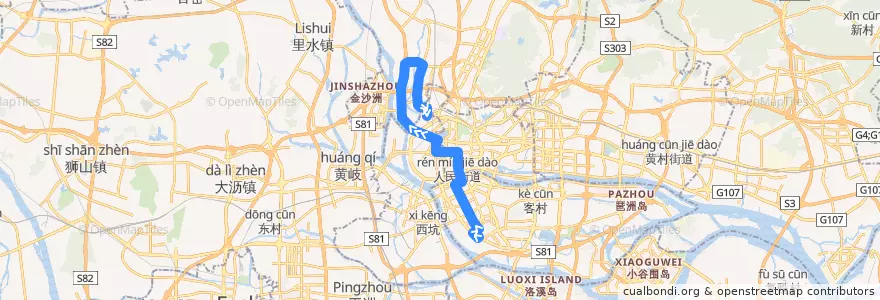 Mapa del recorrido 527路[石溪总站-西湾路(唐宁花园)总站] de la línea  en 广州市.