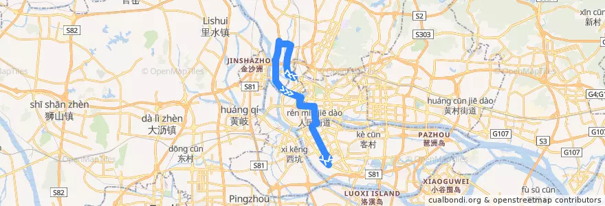Mapa del recorrido 527路[西湾路(唐宁花园)总站-石溪总站] de la línea  en Гуанчжоу.