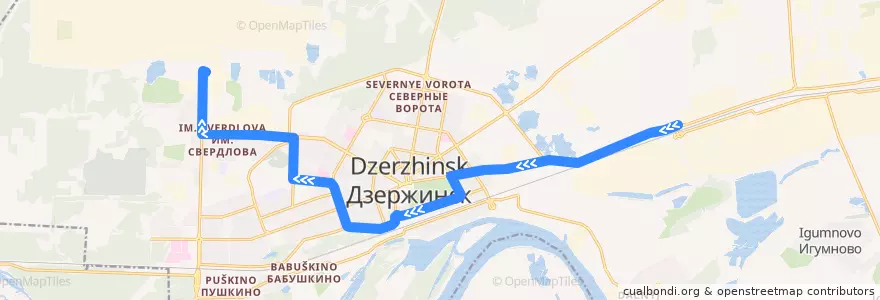 Mapa del recorrido Автобус №10 (Ул. Коммунальная - завод им. Я.М. Свердлова) de la línea  en Dzerzhinsk.