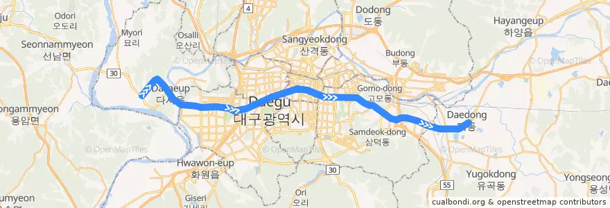 Mapa del recorrido 대구 도시철도 2호선 de la línea  en Daegu.