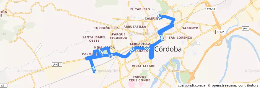 Mapa del recorrido Línea 8 Cruz de Juárez - Las Palmeras de la línea  en Córdoba.