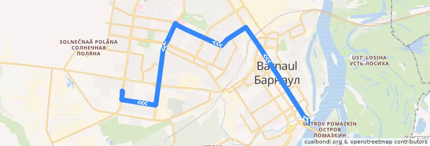 Mapa del recorrido Троллейбус №7: Речной вокзал — Взлётная de la línea  en городской округ Барнаул.