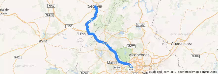 Mapa del recorrido Madrid - Segovia de la línea  en España.