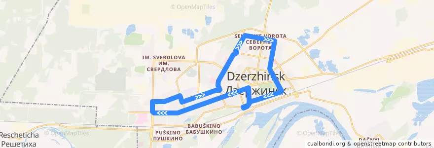 Mapa del recorrido Автобус №23 (Городское кольцо (Северные ворота - пр. Циолковского - ул. Петрищева - Северные ворота)) de la línea  en городской округ Дзержинск.