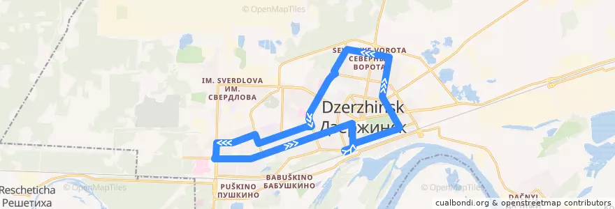 Mapa del recorrido Автобус №22 (Городское кольцо (Северные ворота - ул. Петрищева - пр. Циолковского - Северные ворота)) de la línea  en городской округ Дзержинск.