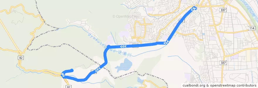 Mapa del recorrido 105：阪急逆瀬川～宝塚西高校前～かぶとやま荘 de la línea  en Hyogo Prefecture.