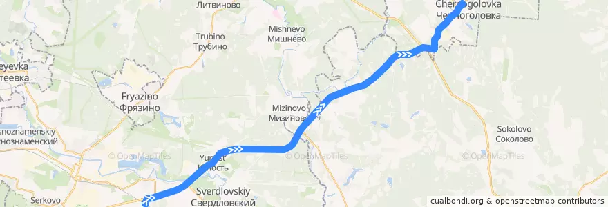 Mapa del recorrido Автобус 320: Щёлково (станция Чкаловская) => Черноголовка de la línea  en Óblast de Moscú.