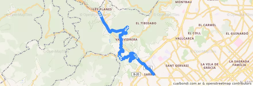 Mapa del recorrido N10 Les Planes => Vallvidrera => Sarrià de la línea  en 바르셀로나.
