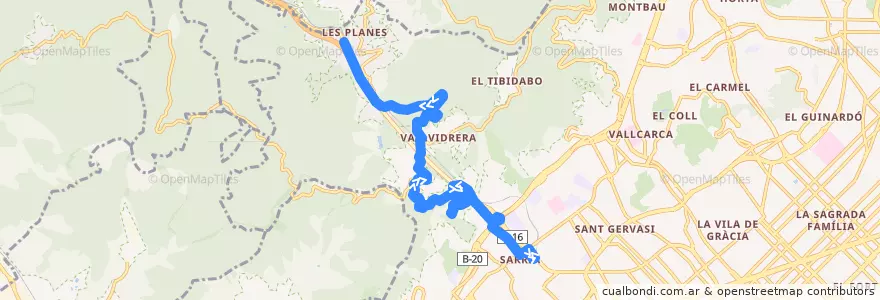 Mapa del recorrido N10 Sarrià => Vallvidrera => Les Planes de la línea  en Барселона.