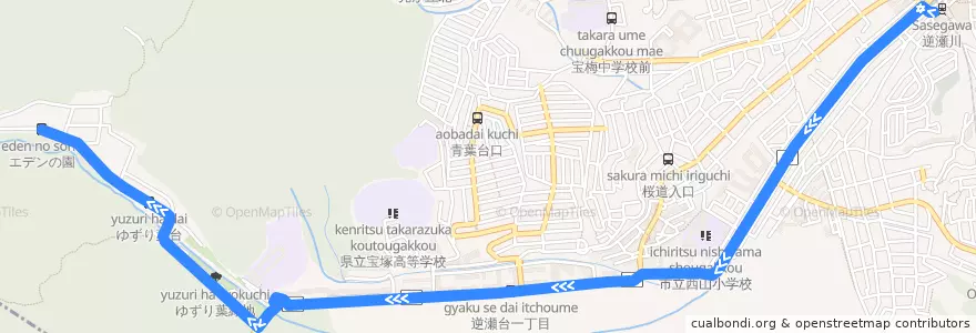 Mapa del recorrido 104：阪急逆瀬川～宝塚西高校前～エデンの園 de la línea  en 宝塚市.