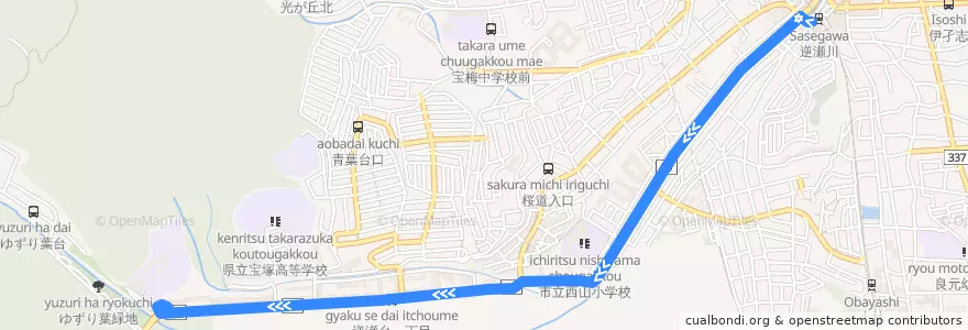 Mapa del recorrido 103：阪急逆瀬川～宝塚西高校前 de la línea  en 宝塚市.