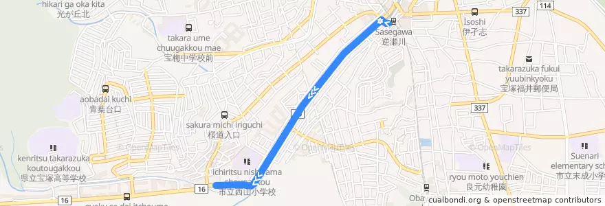 Mapa del recorrido 106：逆瀬川団地前→阪急逆瀬川 de la línea  en 宝塚市.
