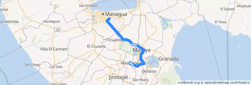 Mapa del recorrido Masatepe - Managua de la línea  en Nicaragua.