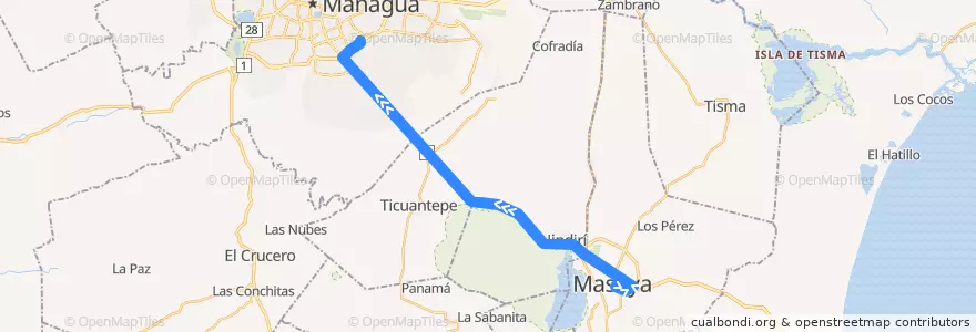 Mapa del recorrido Masaya - Managua de la línea  en Nicaragua.
