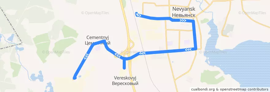 Mapa del recorrido Автобус 107. Невьянск - Цементный (через ЖБИ) de la línea  en Nevyansky District.