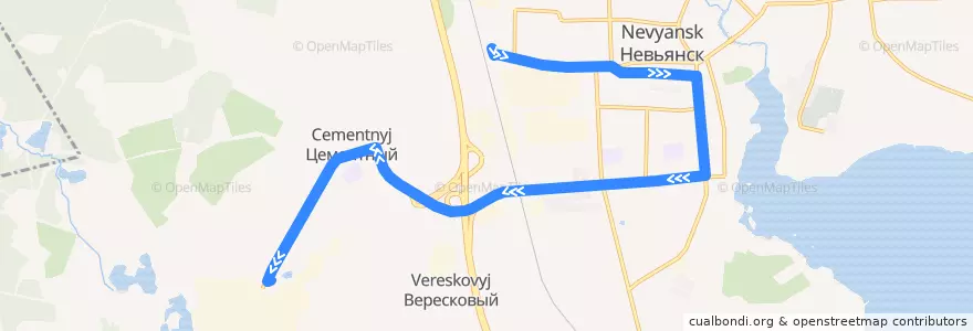 Mapa del recorrido Автобус 107. Невьянск - Цементный de la línea  en Невьянский городской округ.