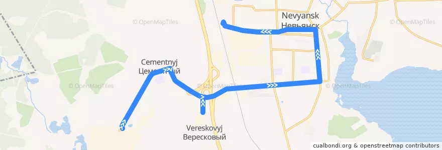 Mapa del recorrido Автобус 107. Цементный - Невьянск (через ЖБИ) de la línea  en Невьянский городской округ.