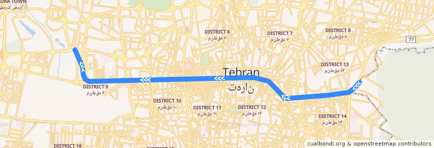 Mapa del recorrido خط ۴ de la línea  en Teheran.