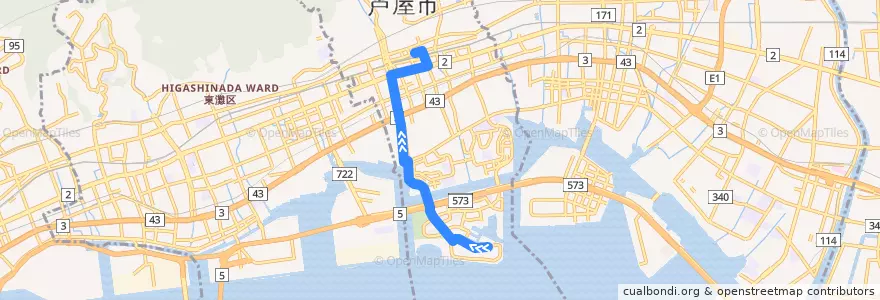 Mapa del recorrido 43：涼風町東→芦屋市総合公園前→阪神芦屋→JR芦屋 de la línea  en 芦屋市.