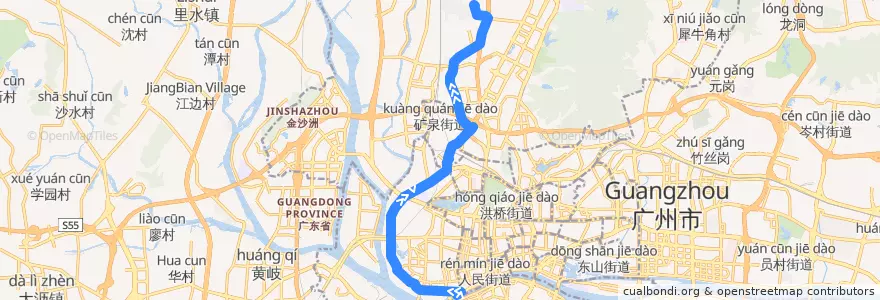 Mapa del recorrido 538路[南方大厦(文化公园)总站-汇侨新城总站] de la línea  en Guangzhou City.
