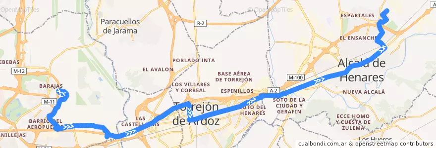 Mapa del recorrido Bus 824: Aeropuerto → Torrejón de Ardoz → Alcalá de Henares de la línea  en Área metropolitana de Madrid y Corredor del Henares.