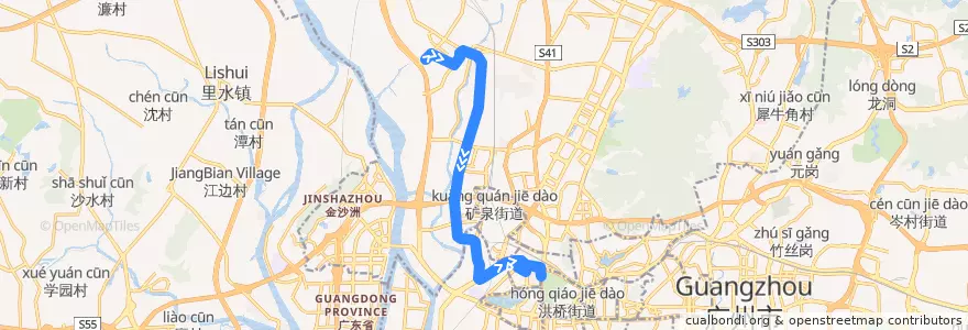 Mapa del recorrido 543路[石井(庆丰纺织服装城)总站-越秀公园] de la línea  en Гуанчжоу.