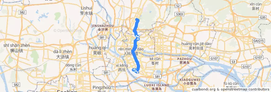 Mapa del recorrido 544路(纸厂总站-广州体育馆总站) de la línea  en Guangzhou City.