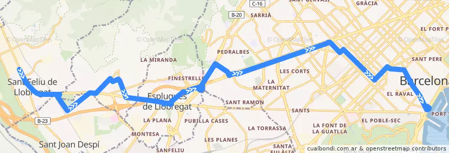 Mapa del recorrido N12 St. Feliu de Llobregat (La Salut) => Barcelona (Pl. Catalunya-Pl-Portal de La Pau) de la línea  en Барселона.
