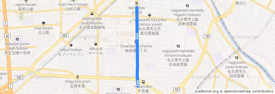 Mapa del recorrido 名古屋市営上飯田線 de la línea  en 北区.