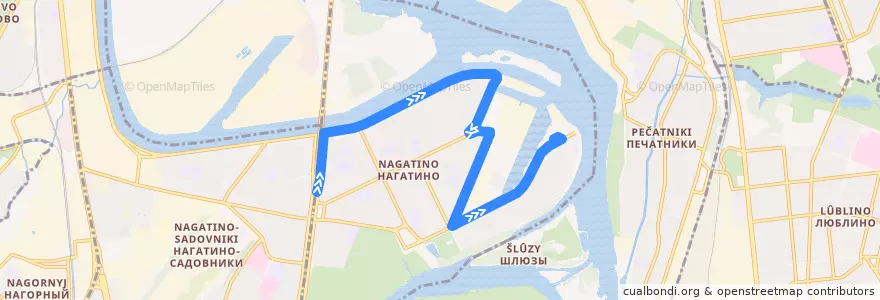 Mapa del recorrido Автобус 724к: Метро "Коломенская" => Нагатинский затон de la línea  en Nagatinsky Zaton District.