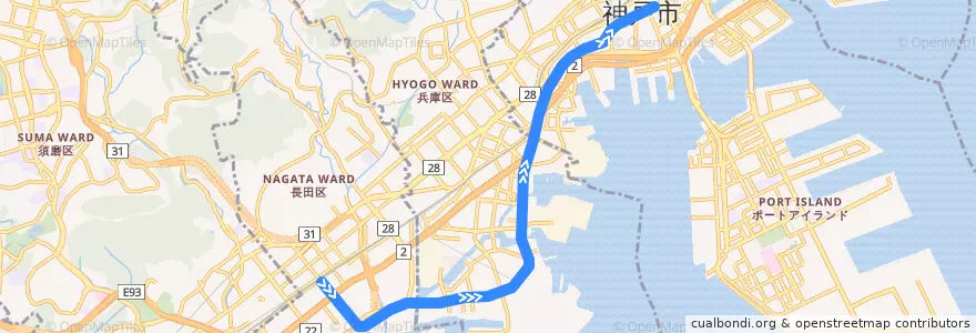 Mapa del recorrido 神戸市営地下鉄海岸線(三宮・花時計前方面) de la línea  en 고베 시.