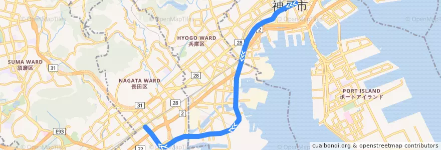 Mapa del recorrido 神戸市営地下鉄海岸線(新長田方面) de la línea  en 神戸市.