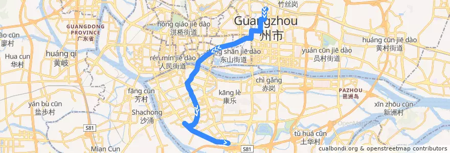 Mapa del recorrido 551路(广州火车东站总站-海珠客运站总站) de la línea  en Cantão.