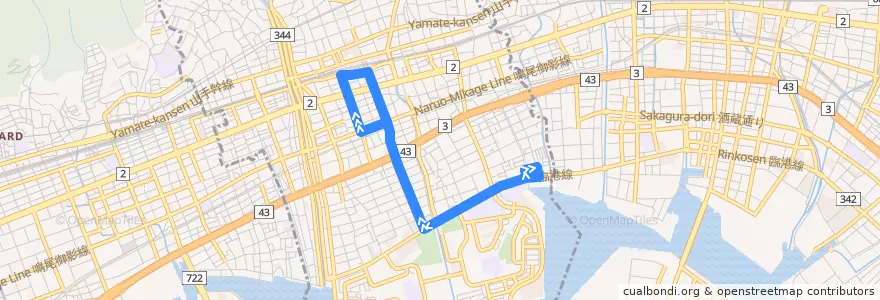 Mapa del recorrido 50：大東町～芦屋浜(営)～呉川町～JR芦屋南口 de la línea  en 芦屋市.