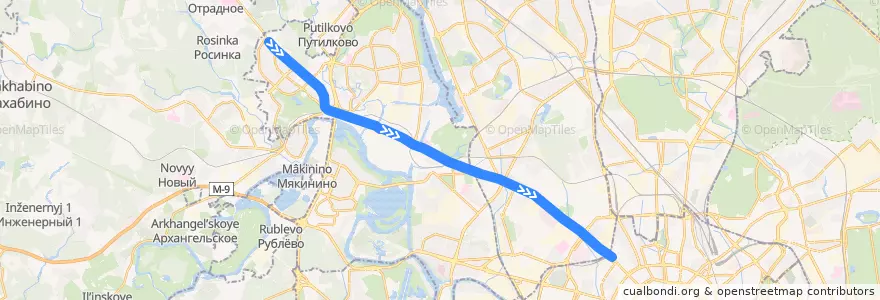 Mapa del recorrido Автобус 904к: 4-й микрорайон Митина => Тверская Застава de la línea  en Москва.