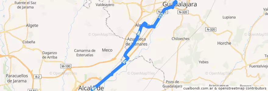 Mapa del recorrido Alcalá de Henares - Guadalajara (por Azuqueca y Alovera) de la línea  en 스페인.