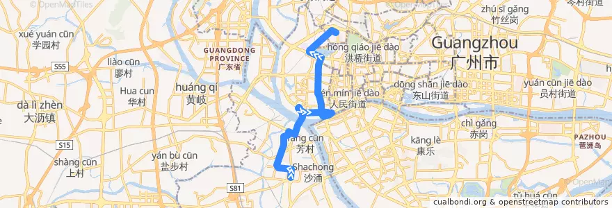 Mapa del recorrido 552路(芳村客运站总站-站南路总站) de la línea  en Guangzhou.