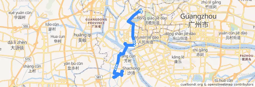 Mapa del recorrido 552路(站南路总站-芳村客运站总站) de la línea  en 荔湾区.