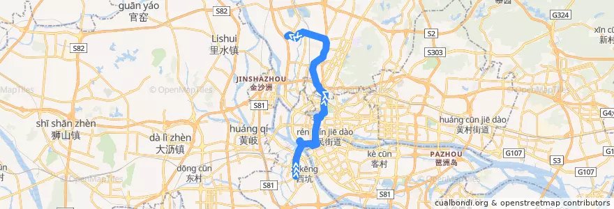 Mapa del recorrido 556路[芳村客运站总站-石井(庆丰纺织服装城)总站] de la línea  en Гуанчжоу.