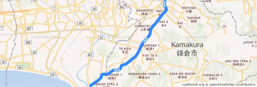 Mapa del recorrido 湘南モノレール de la línea  en 鎌倉市.