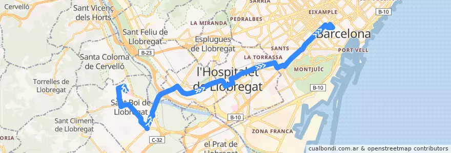 Mapa del recorrido N13 St. Boi de Llobregat (Ciutat Cooperativa) => Barcelona (Pl. Catalunya) de la línea  en Barcelona.