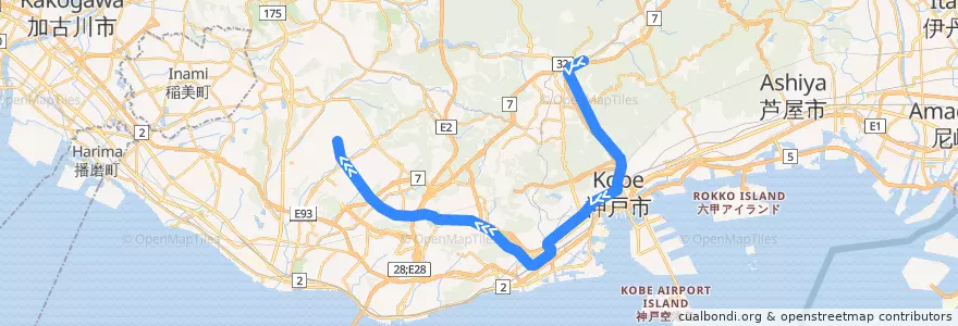 Mapa del recorrido 神戸市営地下鉄西神・山手線 de la línea  en Kobe.