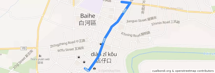Mapa del recorrido 黃11(延駛白河商工_返程) de la línea  en 白河區.