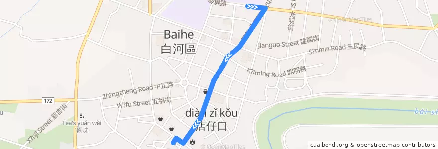 Mapa del recorrido 黃11(延駛白河商工_往程) de la línea  en 白河區.