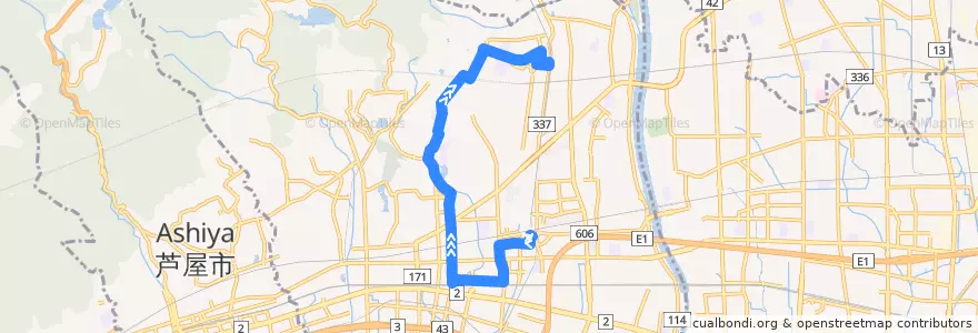 Mapa del recorrido 11：西宮北口→JR西宮→中村→上ヶ原六番町→甲東園 de la línea  en 西宮市.