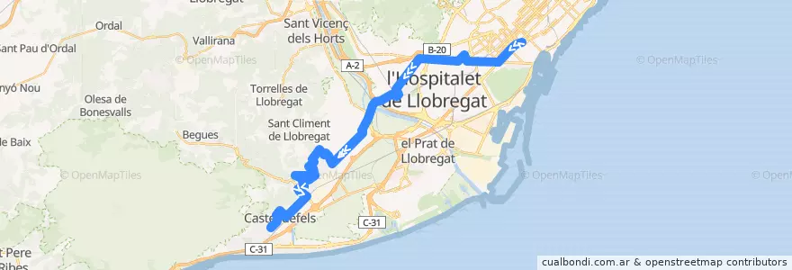 Mapa del recorrido N14 Barcelona (Pl. Catalunya) => Castelldefels (Centre Vila) de la línea  en Барселона.