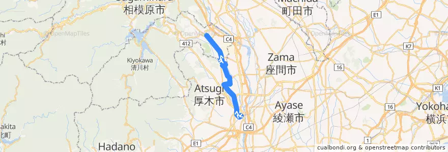 Mapa del recorrido 厚木66系統 de la línea  en Prefettura di Kanagawa.