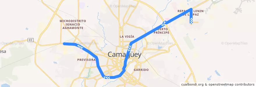 Mapa del recorrido ruta 19 Reparto Lenin - INRA de la línea  en Ciudad de Camagüey.